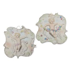 Vintage Set of Rococo Porcelain Angel Cherub Wall Plaques